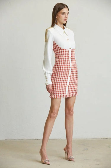 Chic Commander Mini Dress (White/Red) close up detail of elegant design