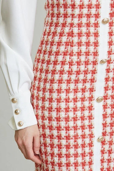 Elegant White/Red elegant mini dress on model styled for going out