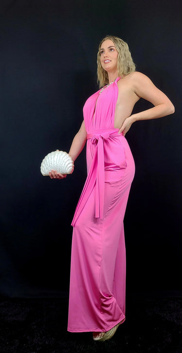 Chic Convertible Self Tie Jumpsuit (Candy Pink) - women's one-piece outfit for going out