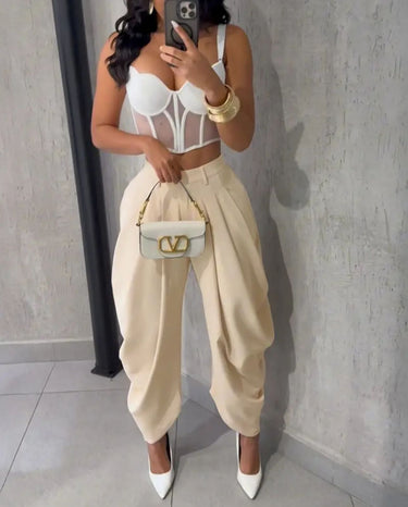 Chic Draped Pleated Pants - Beige - Palazzo Couture Online