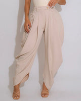 Chic Draped Pleated Pants - Beige close up of stylish fabric and construction detail