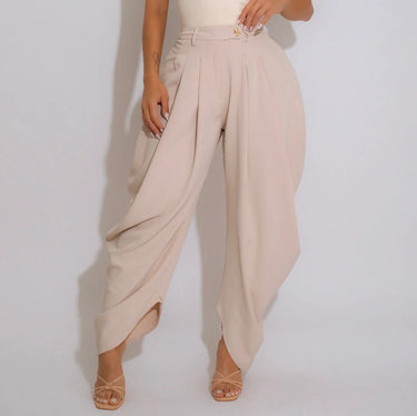 Chic Draped Pleated Pants - Beige close up of stylish fabric and construction detail
