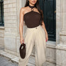 Chic Draped Pleated Pants - Beige front view showing jeans fit and silhouette