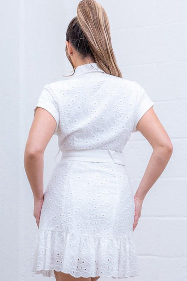 Eyelet embroidery mini dress with belt accent – stylish brunch or event wear