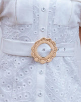White eyelet belted mini dress – airy fabric, subtle belt accent for flattering silhouette