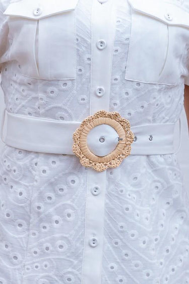 White eyelet belted mini dress – airy fabric, subtle belt accent for flattering silhouette