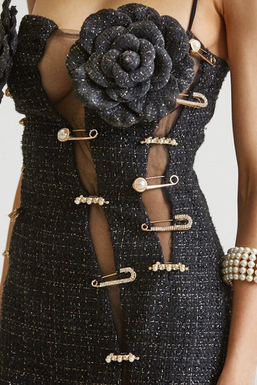 Chic Noir Gold - Plaid Tweed Mini Dress (Black) - Palazzo Couture Online