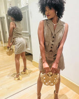 Chic Power Skort Set - Brown side view showing skirt silhouette and fit
