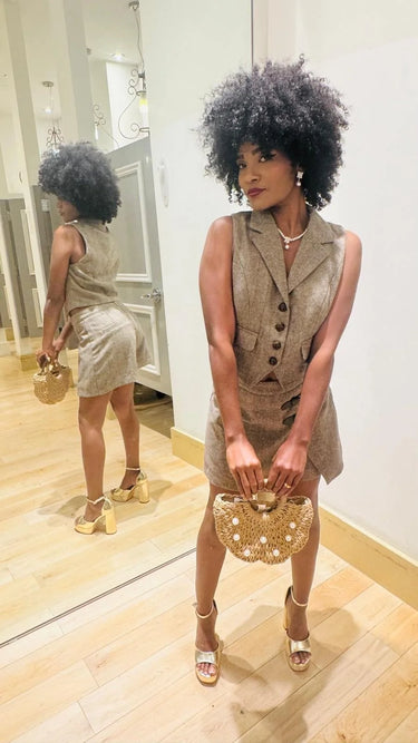Chic Power Skort Set - Brown side view showing skirt silhouette and fit