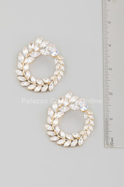 Circle Rhinestone Leaf Earrings (Gold)