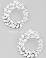 Circle Rhinestone Leaf Earrings (Silver) - Palazzo Couture Online