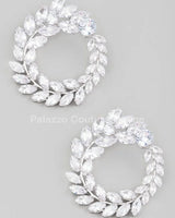 Circle Rhinestone Leaf Earrings (Silver) for women - fashion jewelry by Palazzo Couture