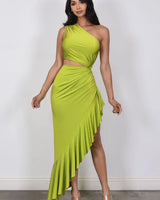 Shop citron cutout midi dress full body look at Palazzo Couture boutique