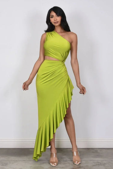 Shop citron cutout midi dress full body look at Palazzo Couture boutique
