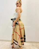 City of Dreams Plaid Maxi Dress with One-Shoulder Design close up detail of one-shoulder design and fabric