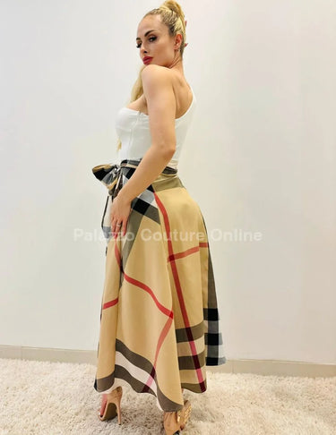 City of Dreams Plaid Maxi Dress with One-Shoulder Design close up detail of one-shoulder design and fabric