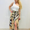 City of Dreams Plaid Maxi Dress with One-Shoulder Design front view showing full-length maxi silhouette