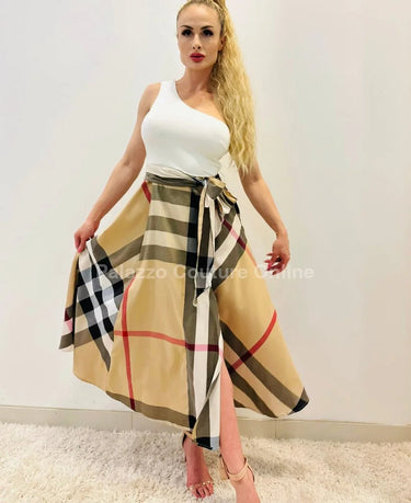 City of Dreams Plaid Maxi Dress with One-Shoulder Design side view highlighting floor-length hemline