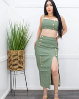 City Slick PU Crop Top & Slit Tube Skirt (Green) front view showing complete two piece skirt set