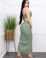 City Slick PU Crop Top & Slit Tube Skirt (Green) close up of crop top top design and fabric