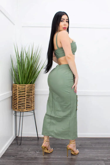 City Slick PU Crop Top & Slit Tube Skirt (Green) close up of crop top top design and fabric