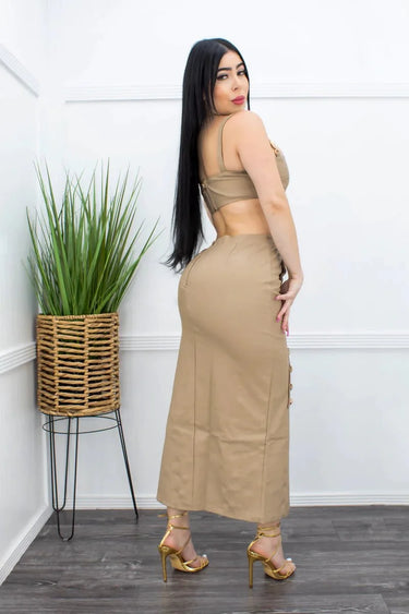 City Slick PU Crop Top & Slit Tube Skirt (Nude) close up of crop top top design and fabric
