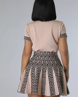 Classy Girl Knit Skirt Set – Taupe Pleated Two-Piece Outfit showing coordinated top and skirt construction