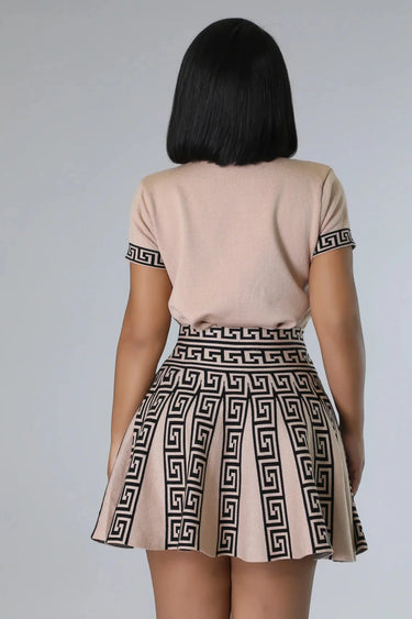 Classy Girl Knit Skirt Set – Taupe Pleated Two-Piece Outfit showing coordinated top and skirt construction