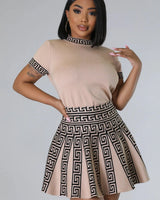 Classy Girl Knit Skirt Set – Taupe Pleated Two-Piece Outfit front view showing complete two piece skirt set