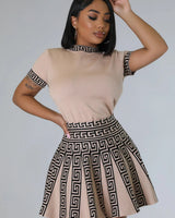Classy Girl Knit Skirt Set – Taupe Pleated Two-Piece Outfit side view showing skirt silhouette and fit