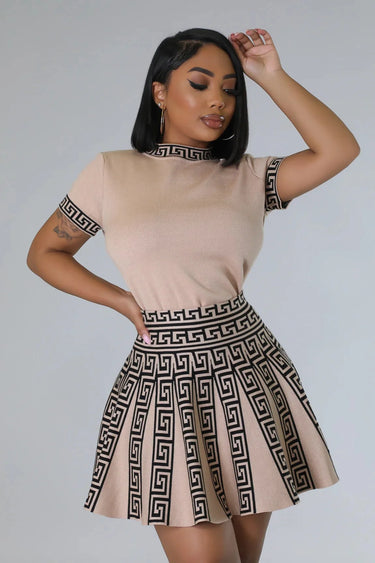 Classy Girl Knit Skirt Set – Taupe Pleated Two-Piece Outfit side view showing skirt silhouette and fit