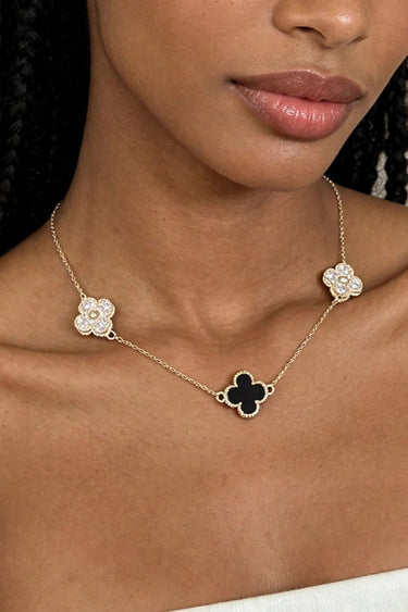 Multi Bejeweled Clover Charm Necklace – Enamel & Crystal Pavé Station Necklace