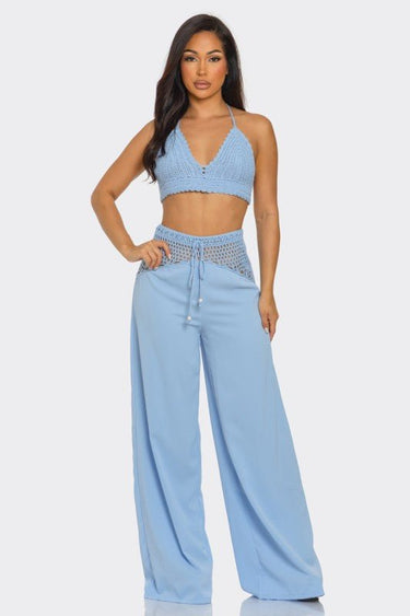 Coastal Breeze Crochet Pant Set - Baby Blue - Palazzo Couture Online