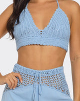 Coastal Breeze Crochet Pant Set - Baby Blue - Palazzo Couture Online