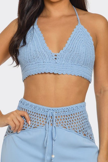 Coastal Breeze Crochet Pant Set - Baby Blue - Palazzo Couture Online