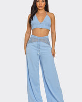 Coastal Breeze Crochet Pant Set - Baby Blue - Palazzo Couture Online