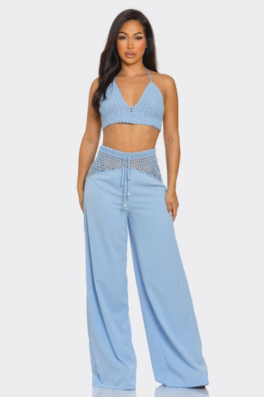 Coastal Breeze Crochet Pant Set - Baby Blue - Palazzo Couture Online