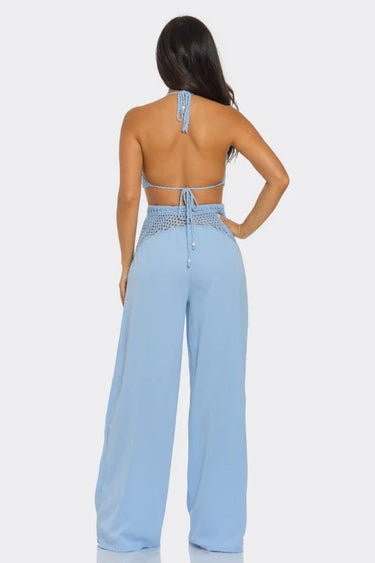 Coastal Breeze Crochet Pant Set-Baby Blue showing coordinated top and pants construction