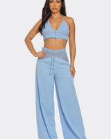 Coastal Breeze Crochet Pant Set-Baby Blue front view showing complete two piece pant set