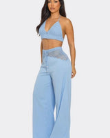 Coastal Breeze Crochet Pant Set-Baby Blue side view showing pants silhouette and fit