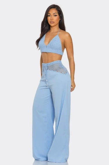 Coastal Breeze Crochet Pant Set-Baby Blue side view showing pants silhouette and fit