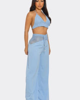 Elegant Baby Blue crochet two piece pant set styled for going out