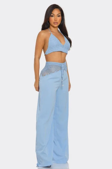 Elegant Baby Blue crochet two piece pant set styled for going out