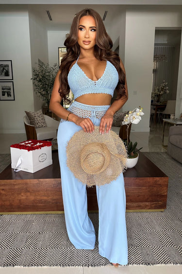 Coastal Breeze Crochet Pant Set-Baby Blue full body look paired with heels and accessories