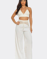 Coastal Breeze Crochet Pant Set - White front view showing complete two piece pant set