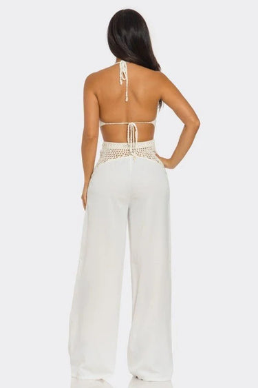 Elegant White crochet two piece pant set styled for going out