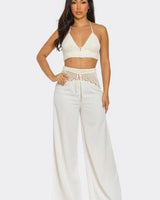 Coastal Breeze Crochet Pant Set - White close up of crochet top design and fabric detail