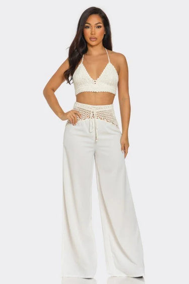 Coastal Breeze Crochet Pant Set - White close up of crochet top design and fabric detail