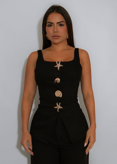 Coastal Charm Seashell Button Top - Black - Palazzo Couture Online