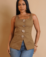 Coastal Charm Seashell Button Top - Brown - Palazzo Couture Online
